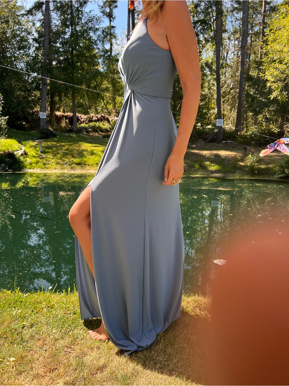 Vneck Drapped Jersey, Twist-Front Slate Maxi Dress with Side Slit